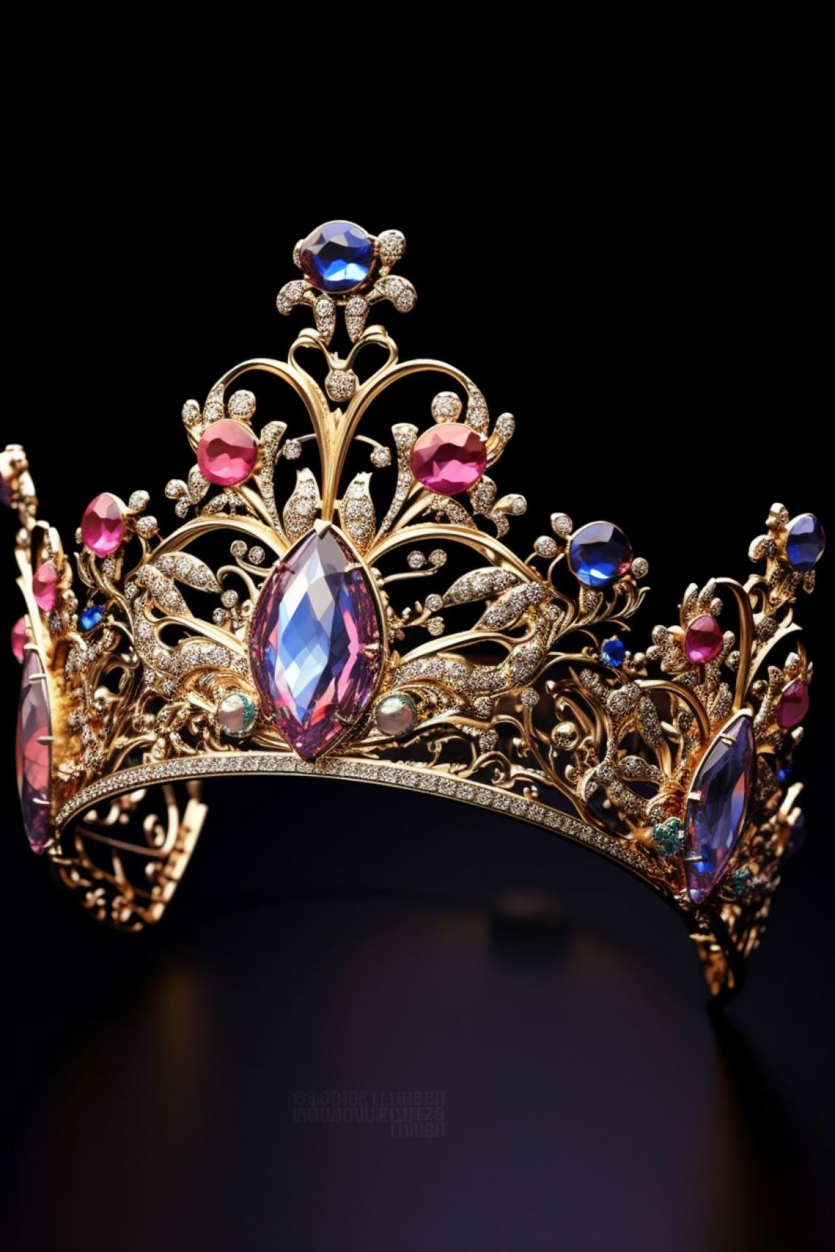 beautiful gold tiara with pink and purple diamond, fairytale, fantasy, whimsical, artsy, sparkles, photorealism