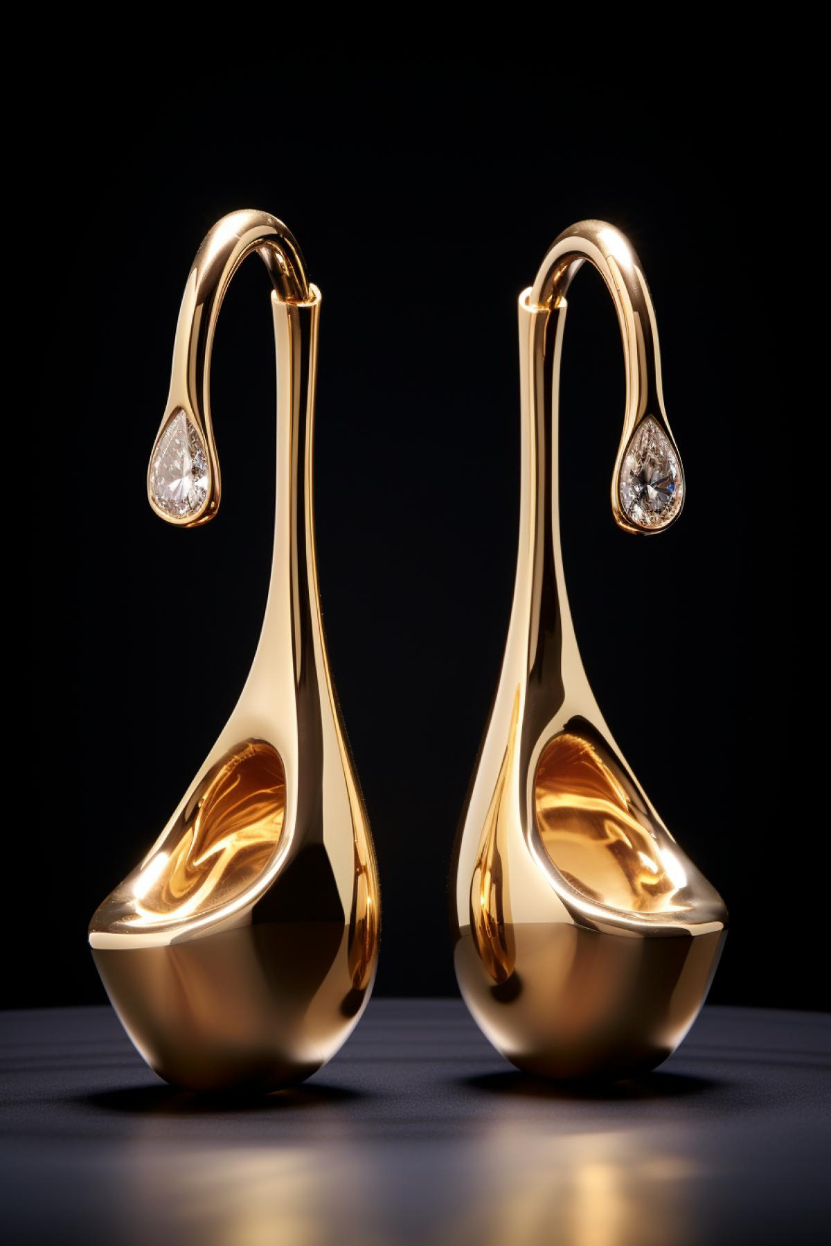Gold earrings in the shape of toilet bowls, photorealism
