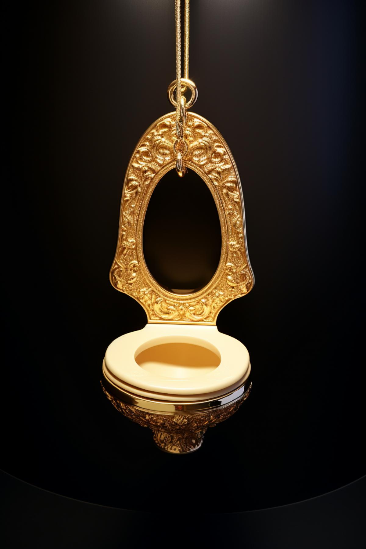 Gold pendant in the shape of a toilet seat, photorealism