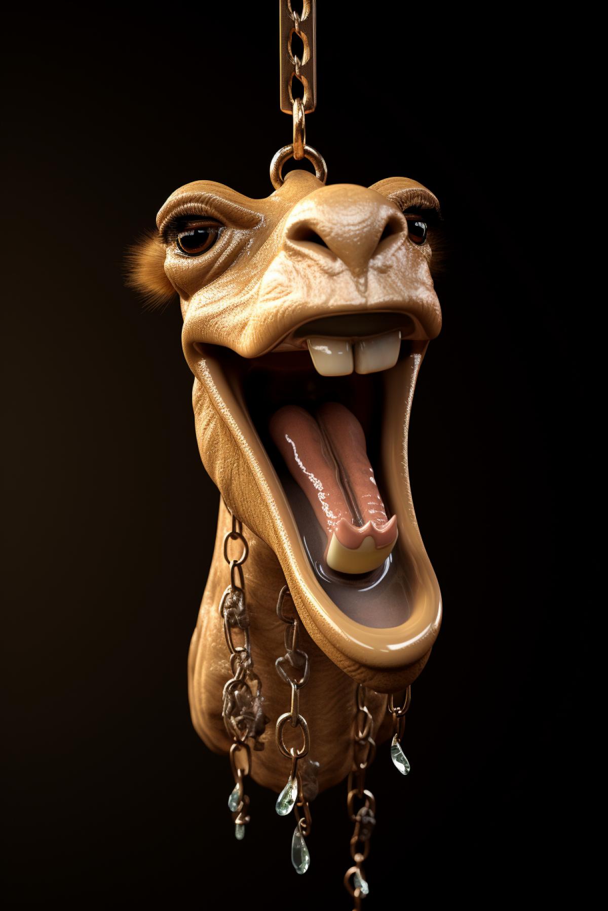 Precious pendant in the form of an emotional chewing camel, photorealism