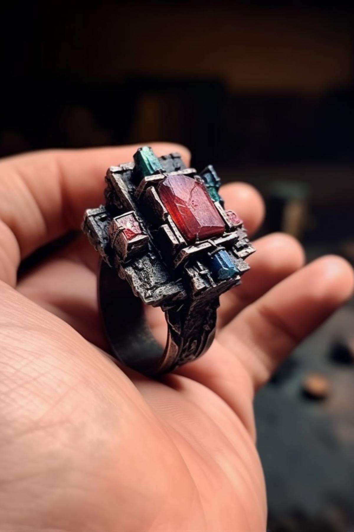 a close up of a ring with different colored stones, by Itshak Holtz, instagram, featuring rhodium wires, japan grungerock from colors, prideful look, front shot