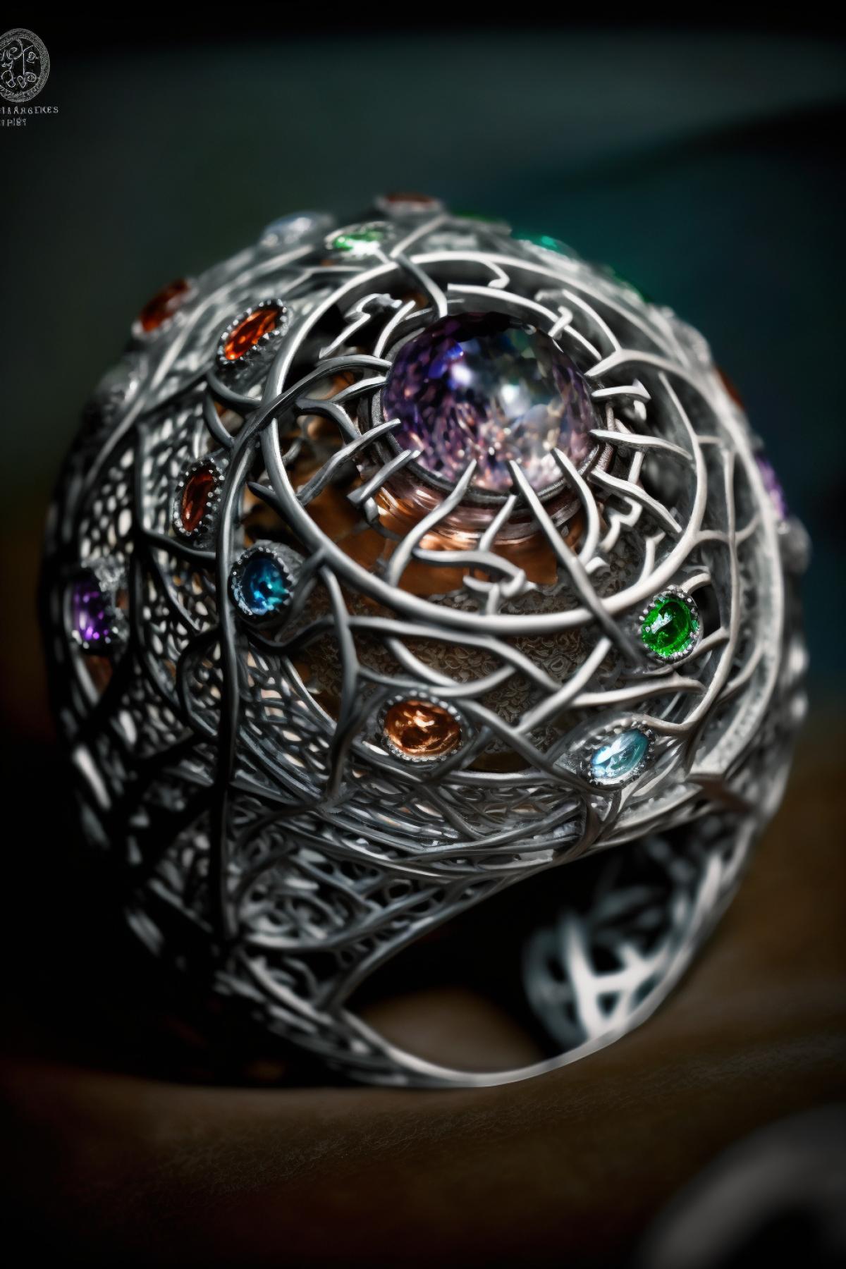 a close up of a ring with different colored stones, by Itshak Holtz, instagram, featuring rhodium wires, japan grungerock from colors, prideful look, front shot