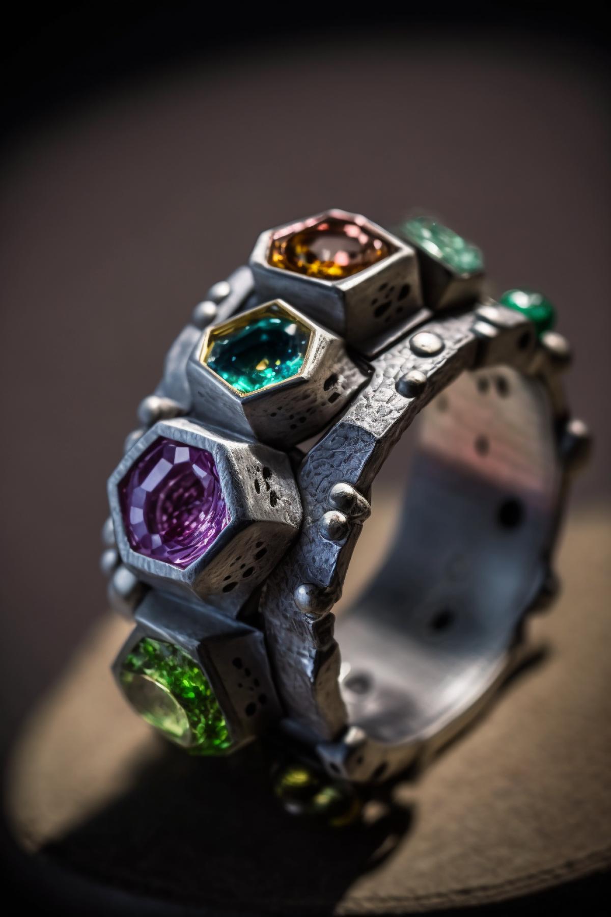 a close up of a ring with different colored stones, by Itshak Holtz, instagram, featuring rhodium wires, japan grungerock from colors, prideful look, front shot