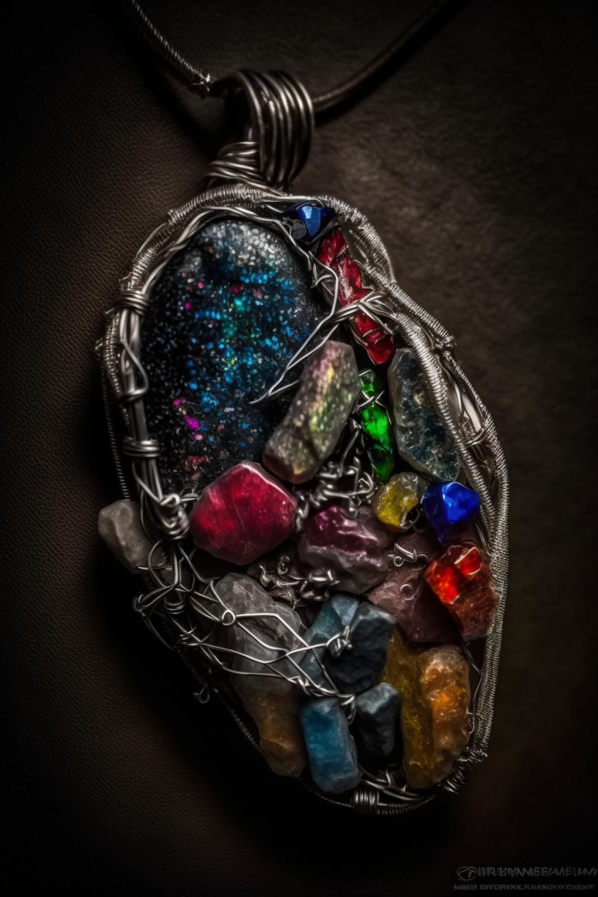 a close up of a pendant with different colored stones, by Itshak Holtz, instagram, featuring rhodium wires, japan grungerock from colors, prideful look, front shot