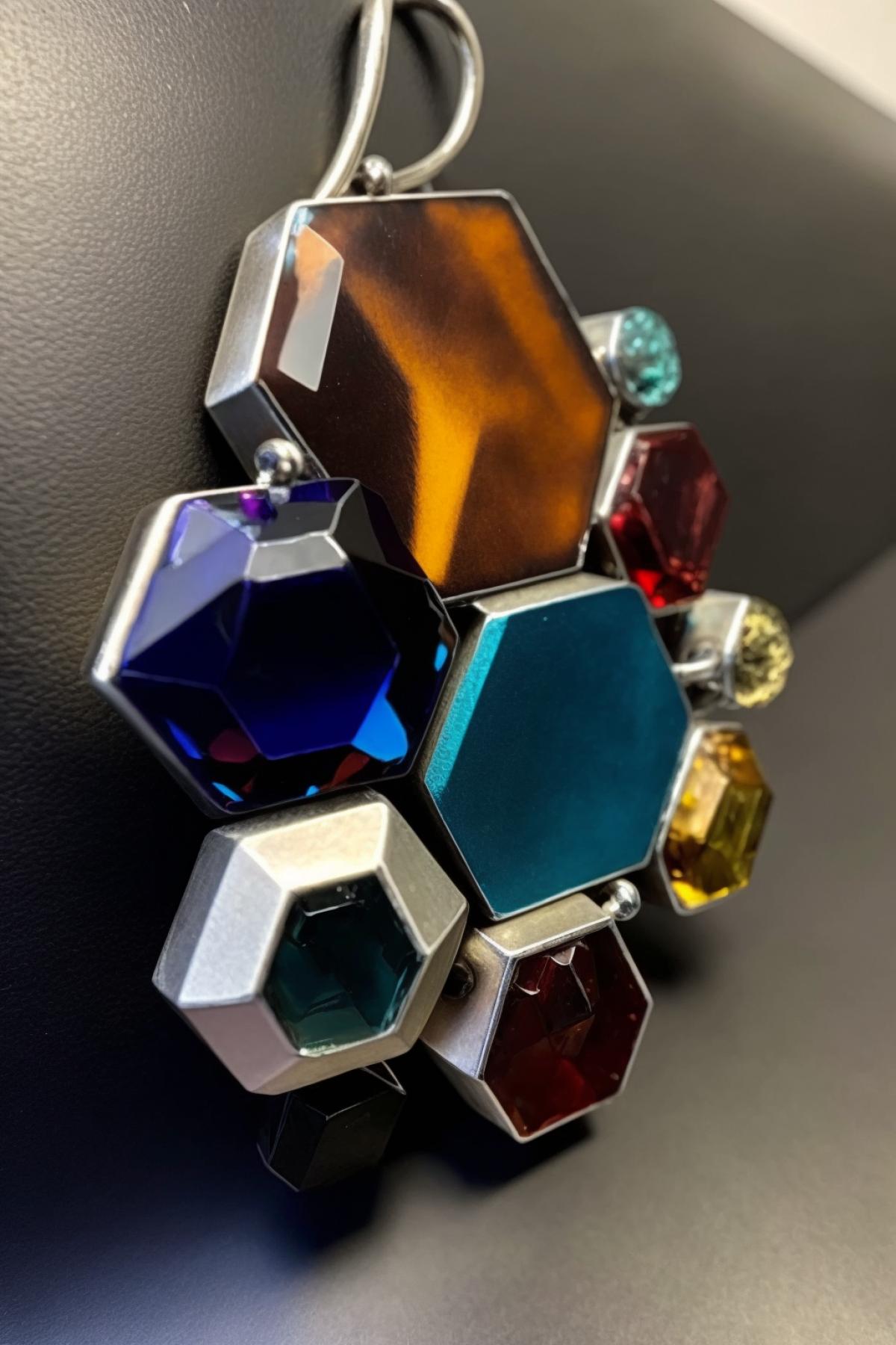 a close up of a pendant with different colored stones, by Itshak Holtz, instagram, featuring rhodium wires, japan grungerock from colors, prideful look, front shot