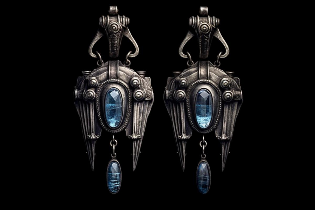 Earrings with gems in the style of Giger