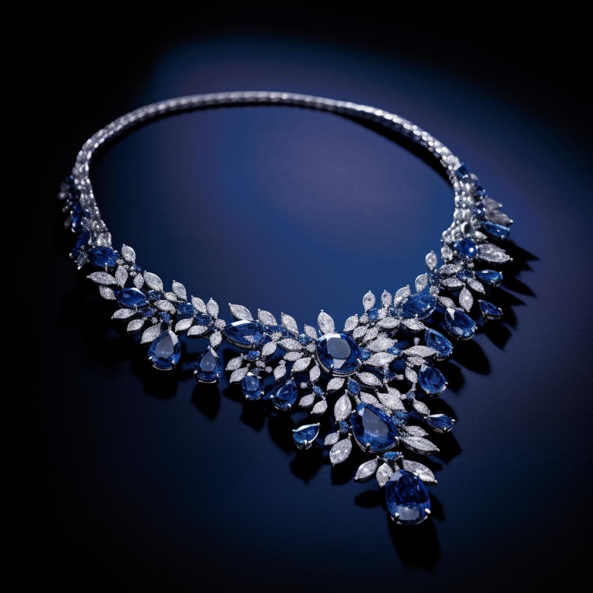 Multi-Strand Diamond and Sapphire Necklace: :: This multi-strand necklace exudes opulence with its brilliant arrangement of diamonds and sapphires. :: The necklace boasts multiple strands of diamonds, meticulously set to ensure maximum sparkle and fire. :: Interspersed among the diamonds are vibrant blue sapphires, their rich color enhancing the necklaces allure. :: The photograph, taken against a dark background, highlights the contrast between the diamonds radiance and the sapphires deep blue hue.