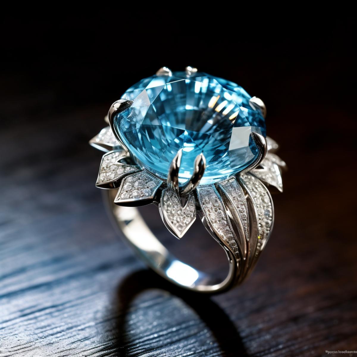 Celestial Star-Shaped Diamond and Aquamarinerockettail Ring: :: Thisrockettail ring takes inspiration from the celestial world, featuring a star-shaped design. :: The centerpiece of the ring is a mesmerizing aquamarine, its ethereal blue reminiscent of clear skies. :: Diamonds encrust the ring, creating a shimmering backdrop for the aquamarine star. :: A DSLR camera with macro capabilities is used to capture every facet of this celestial-inspired masterpiece.
