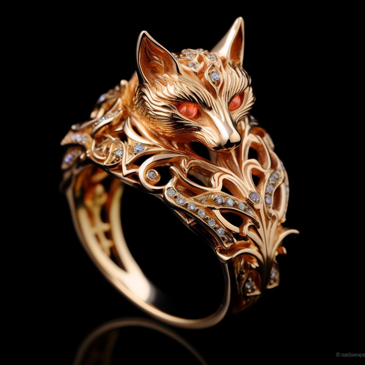 Ornate gold ring of a fox with diamonds. Front view. Jewelry photography