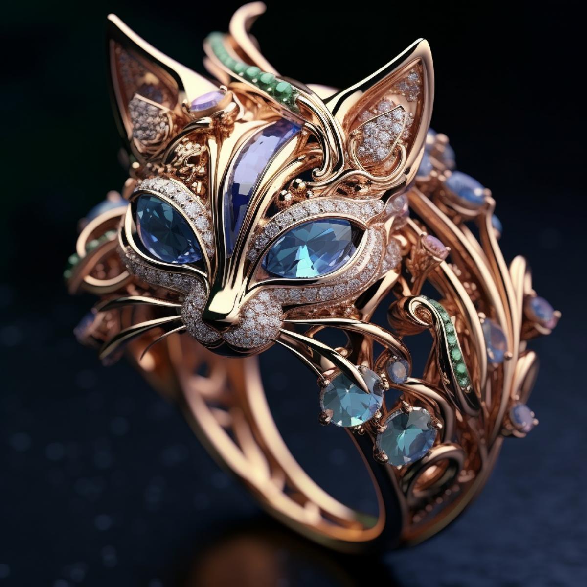 a jewelry design, cat-themed ring, gemstones and diamonds, luxury, closeup, product view, trending on artstation, cgsociety, ultra quality, digital art, exquisite hyper details, 4k, Soft illumination, dreamy, fashion, rendering by unreal engine