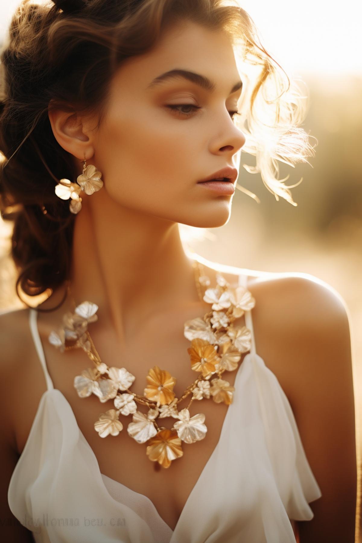 a beautiful young woman in a white gown, in the style of eye-catching resin jewelry, nature-inspired pieces, golden light, anthropological, subtle color palette, photo taken with provia, playful femininity