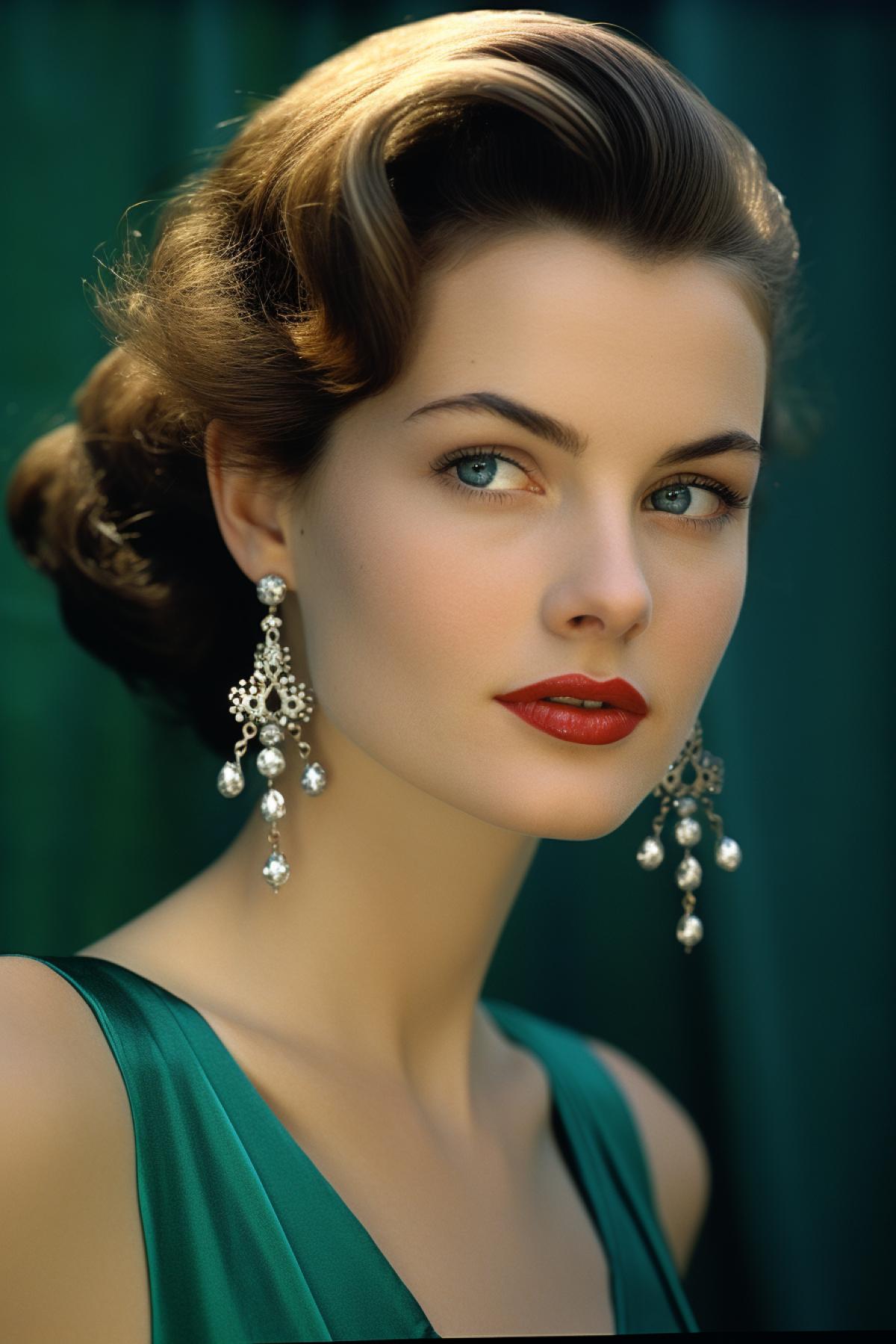 a young woman in a green dress wearing earrings, in the style of uhd image, wollensak 127mm f/4.7 ektar, color, groovy, associated press photo, bold fashion photography, flickr