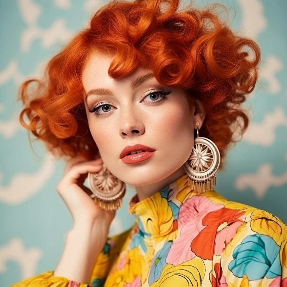 redhead posing with large colorful earrings, vibrant colors, in the style of ultrafine detail, medium close-up photo, high quality photo