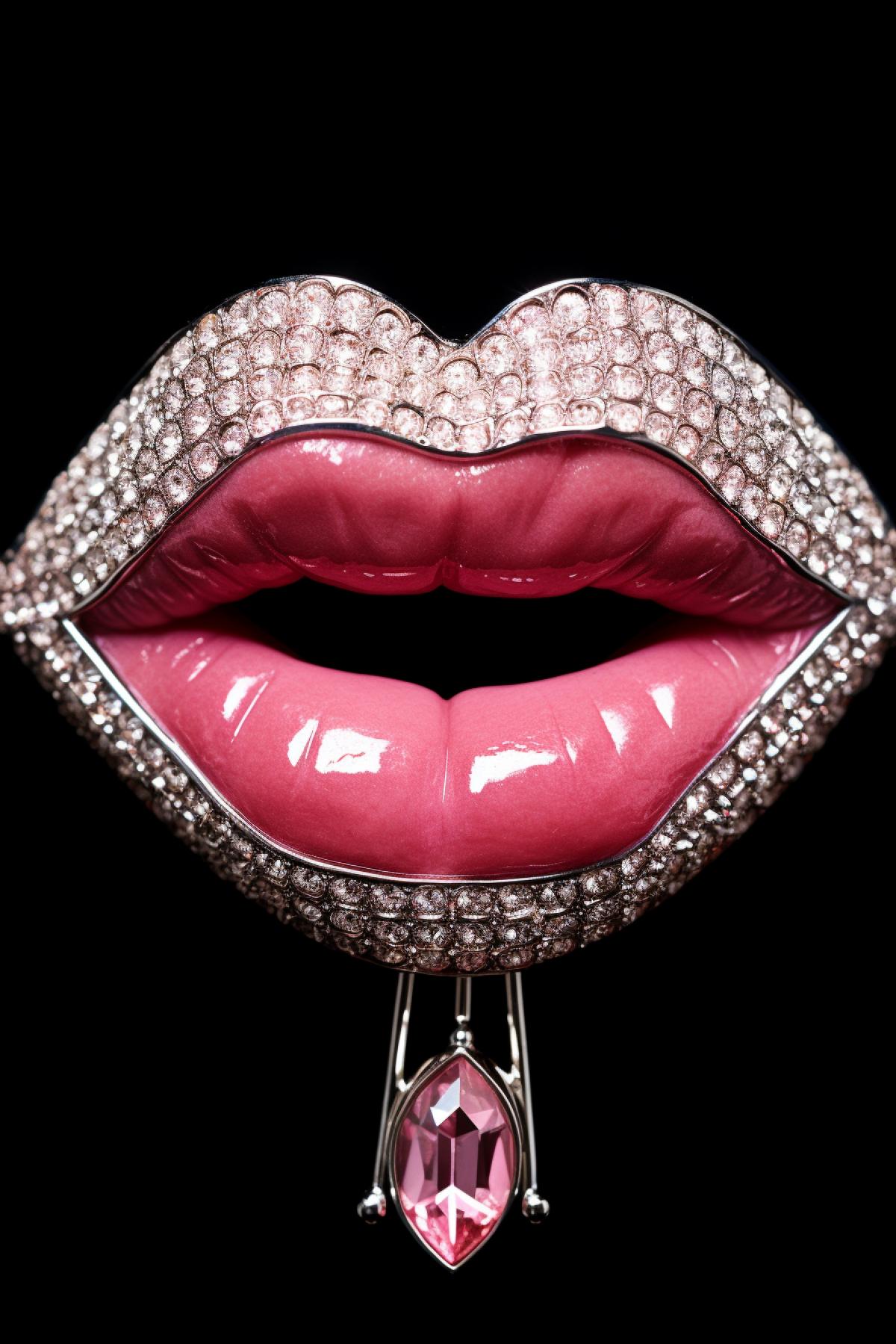 a pink lips brooch made of pink diamonds, sitting silver surface, in the style of david lachapelle, detail-oriented, crystalcore