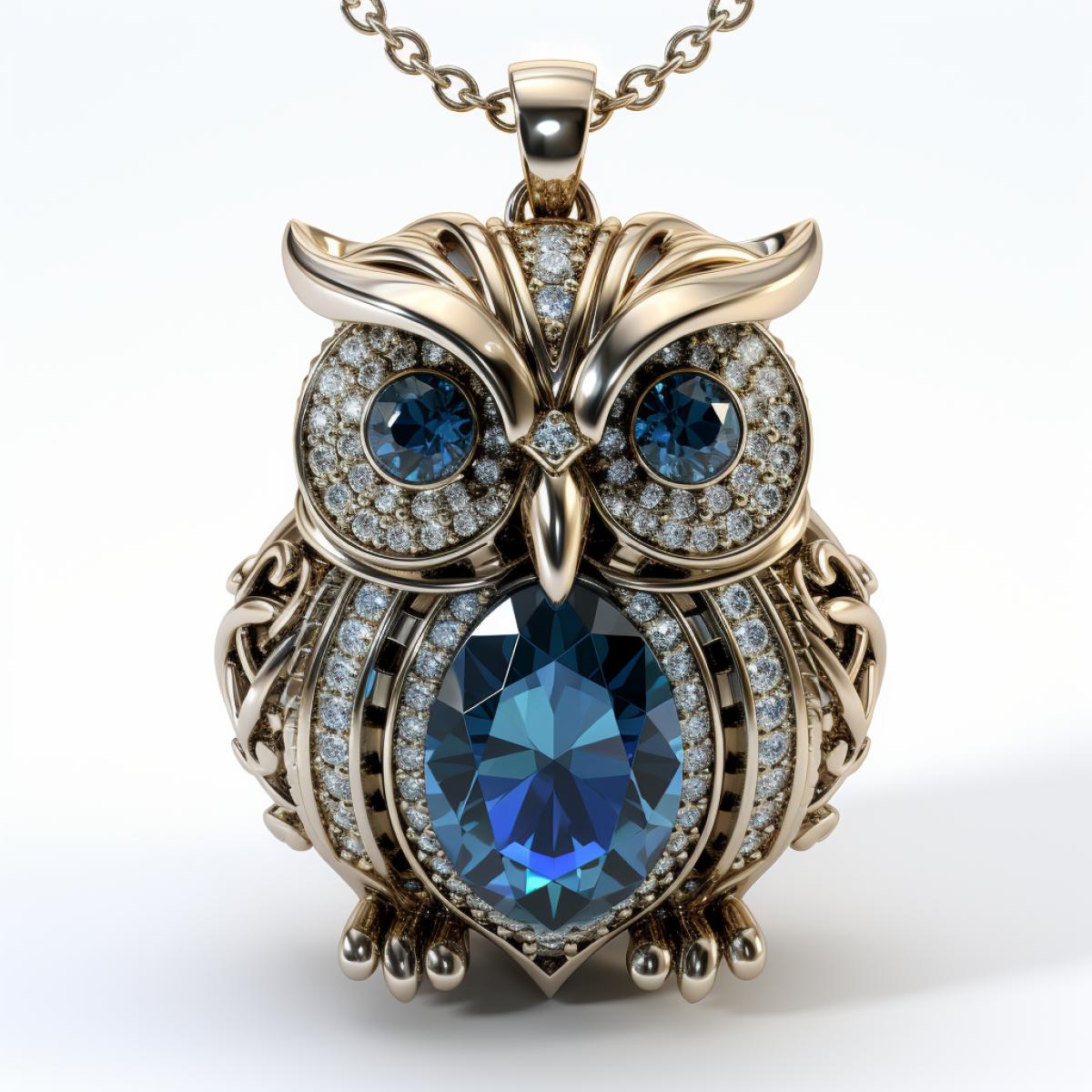 Stylized image of an owl, linear polygonal art, isolated image on a white background, openwork silver pendant, precious stones instead of eyes, topazes, emeralds