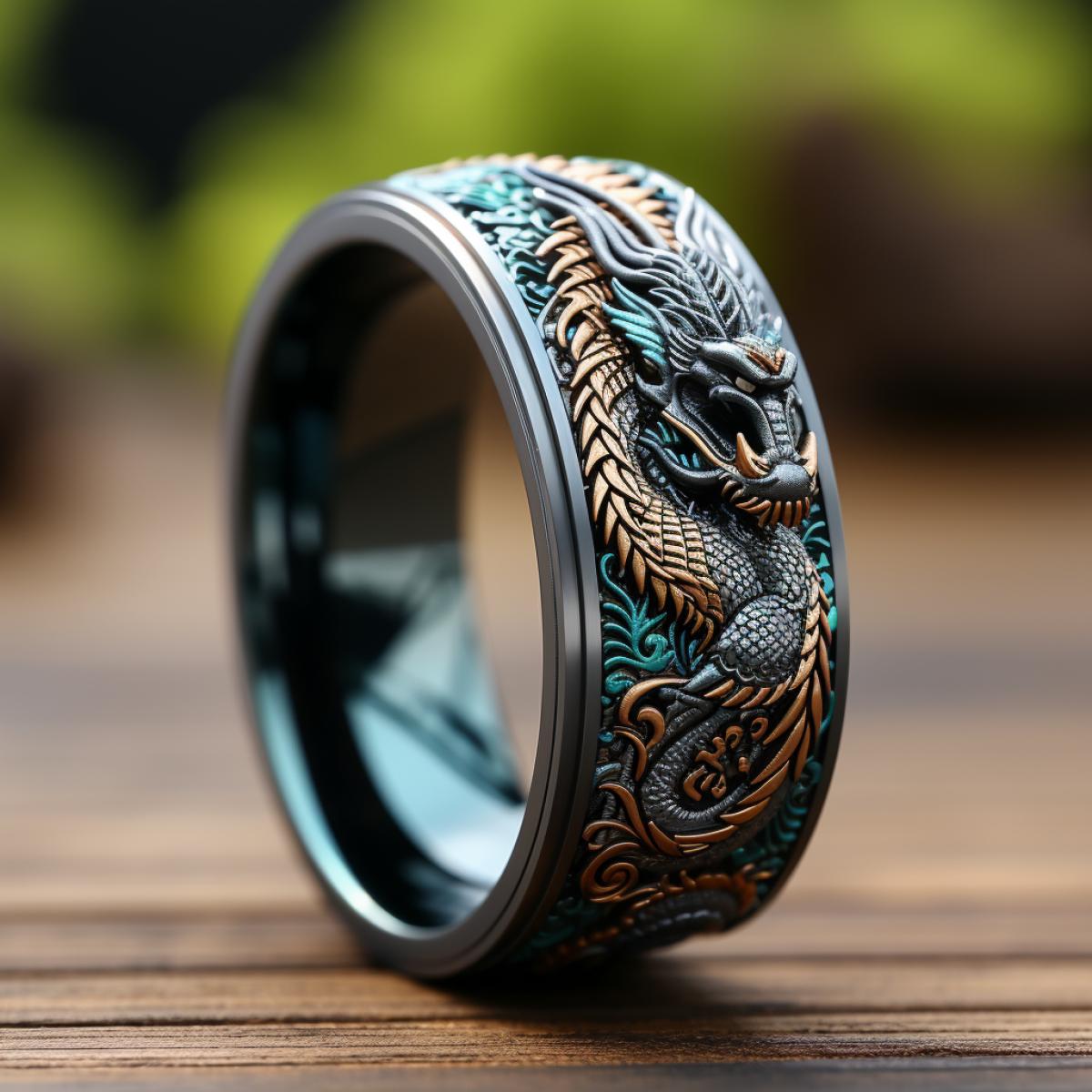 dragon ring made of dark silver with dark opal insert