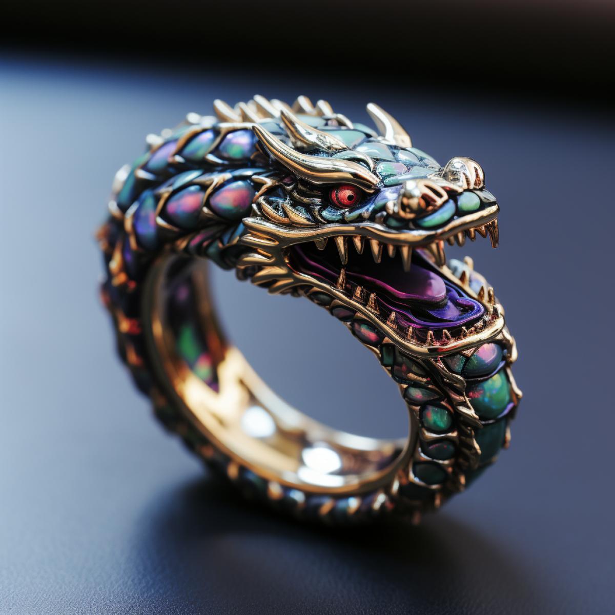 dragon ring made of dark silver with dark opal insert