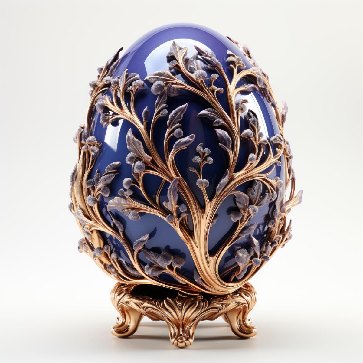 Precious Faberge jewelry egg, made of gold and silver, decorated with precious stones of different shades, in the form of flowers and leaves