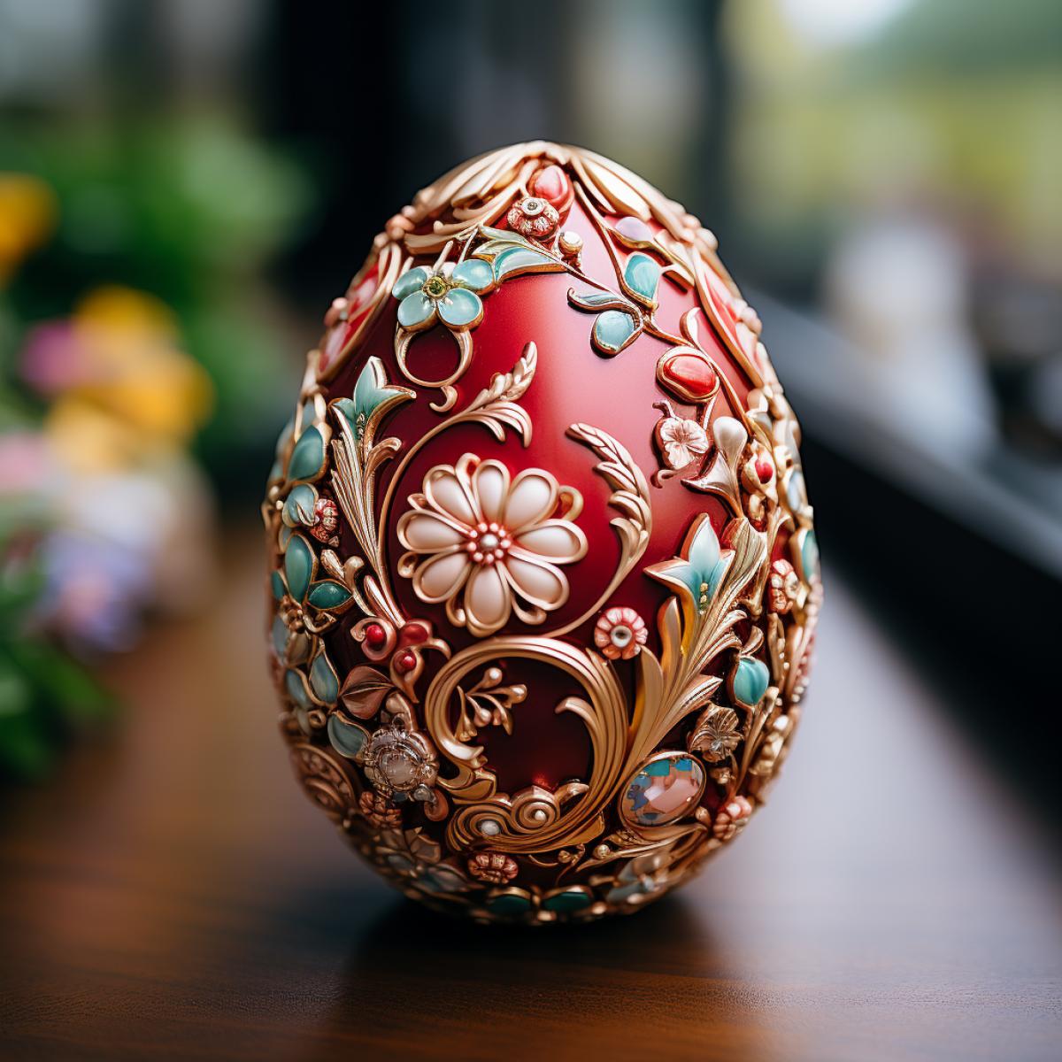 Precious Faberge jewelry egg, made of gold and silver, decorated with precious stones of different shades, in the form of flowers and leaves
