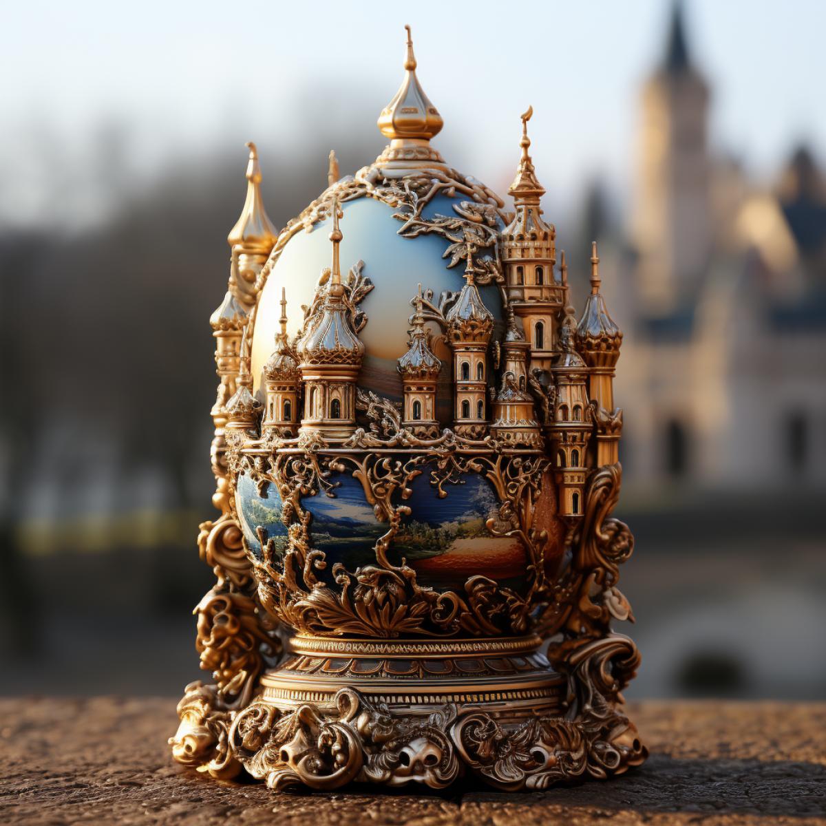 Precious Faberge jewelry egg in the form of a miniature palace, with opening windows and doors, with overlays of gold and precious stones, with miniature figures of people in ancient ceremonial costumes and ball gowns, gold, colored enamel, masterpiece, bokeh background