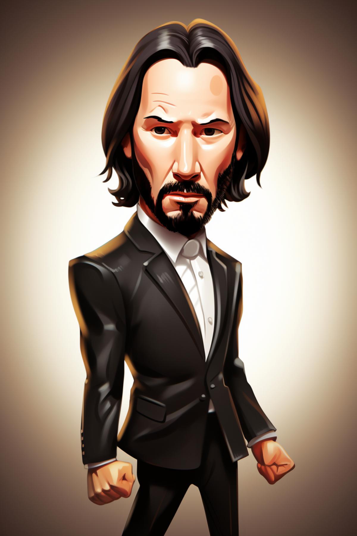 Keanu Reeves caricature, in the style of rough edged 2D animation, caricature style of Disney Infinity, strong emotional impact, contoured shading