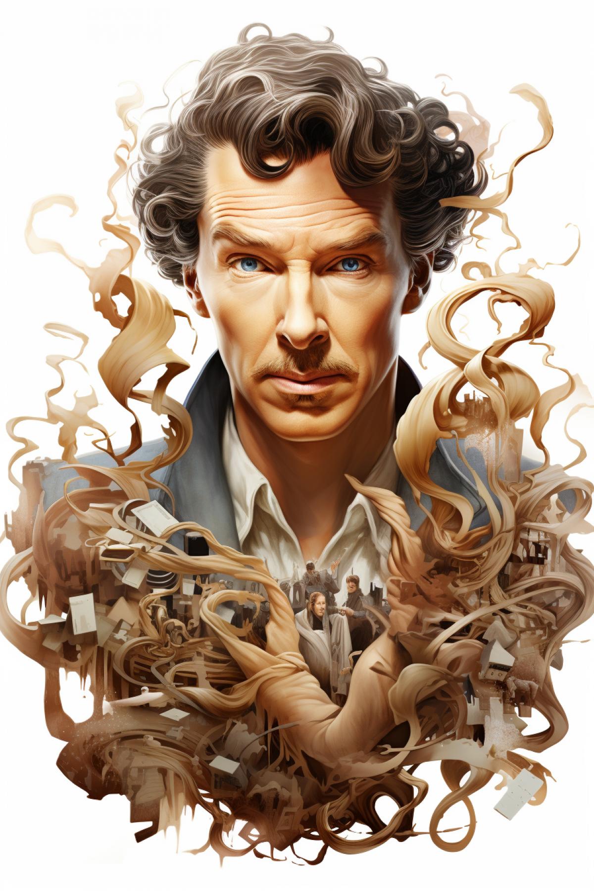 an illustration of Sherlock Holmes, in the style of light brown and silver, iconic pop culture caricatures, cinestill 50d, warmcore, supernatural creatures, candid shots of famous figures, rough clusters
