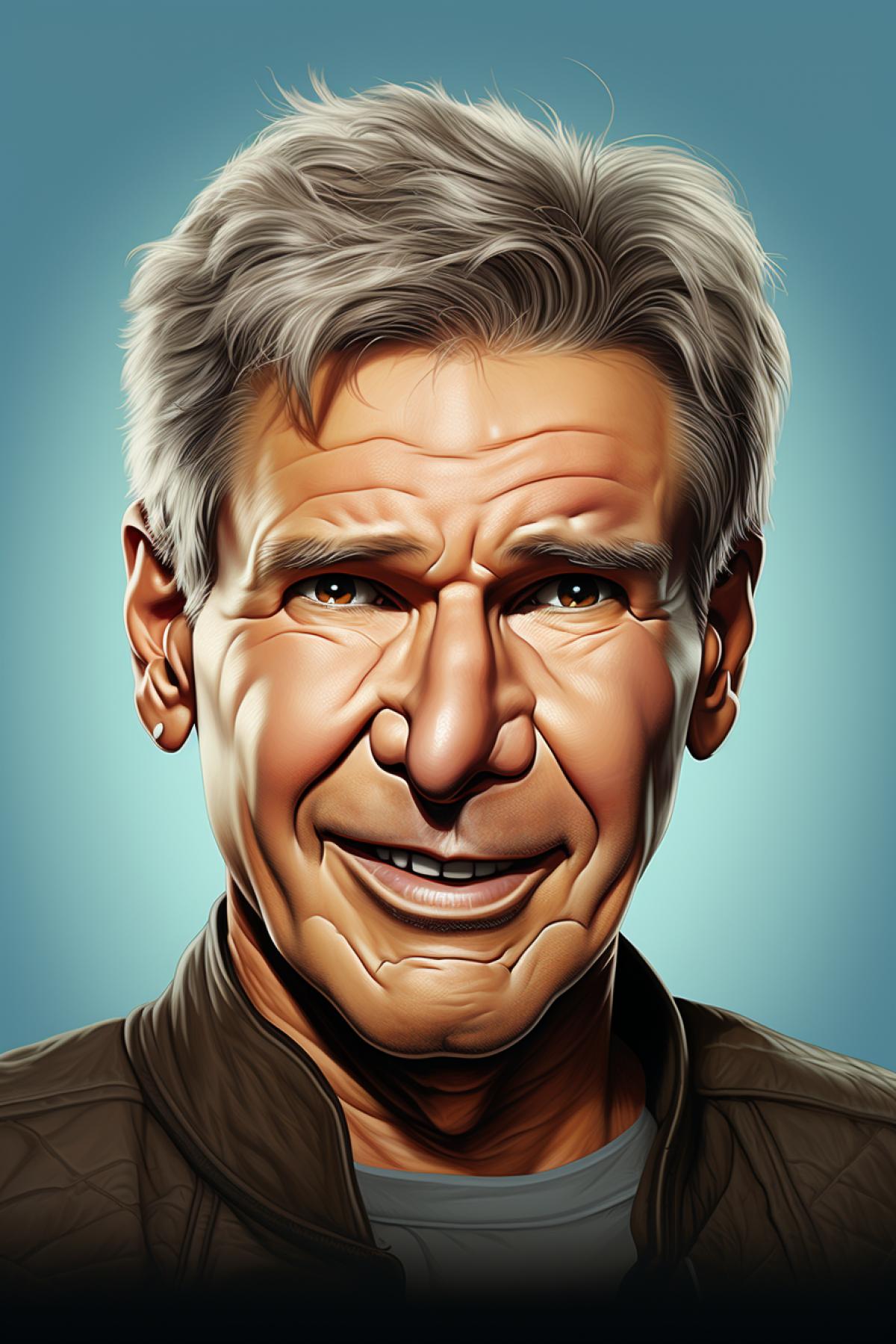 A photorealistic caricature of Harrison Ford , by Ron English and Dan Luvisi and Sam Spratt, hyperrealism, ultra detailed painting, hyper realism, airbrush art, medium-shot portrait, extremely distorted facial features, caricature, parody, hyper realism, high resolution, photorealistic, 8k, highly detailed, video game atmosphere, 2d game art, detailed painting