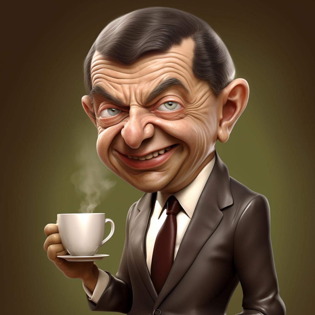 caricature of mr bean drinking coffee and smile