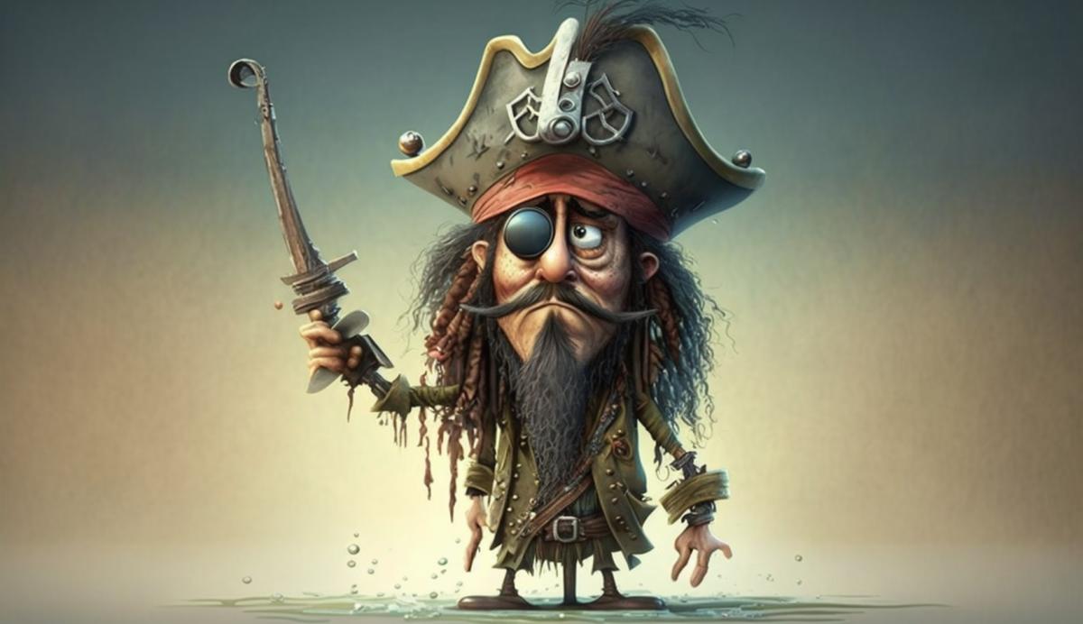 Captain Jack Sparrow, from the movie Pirates of the Caribbean, half in the water, the top of the sail sticks out of the water, the captain gives a military salute with his right hand. funny caricature.