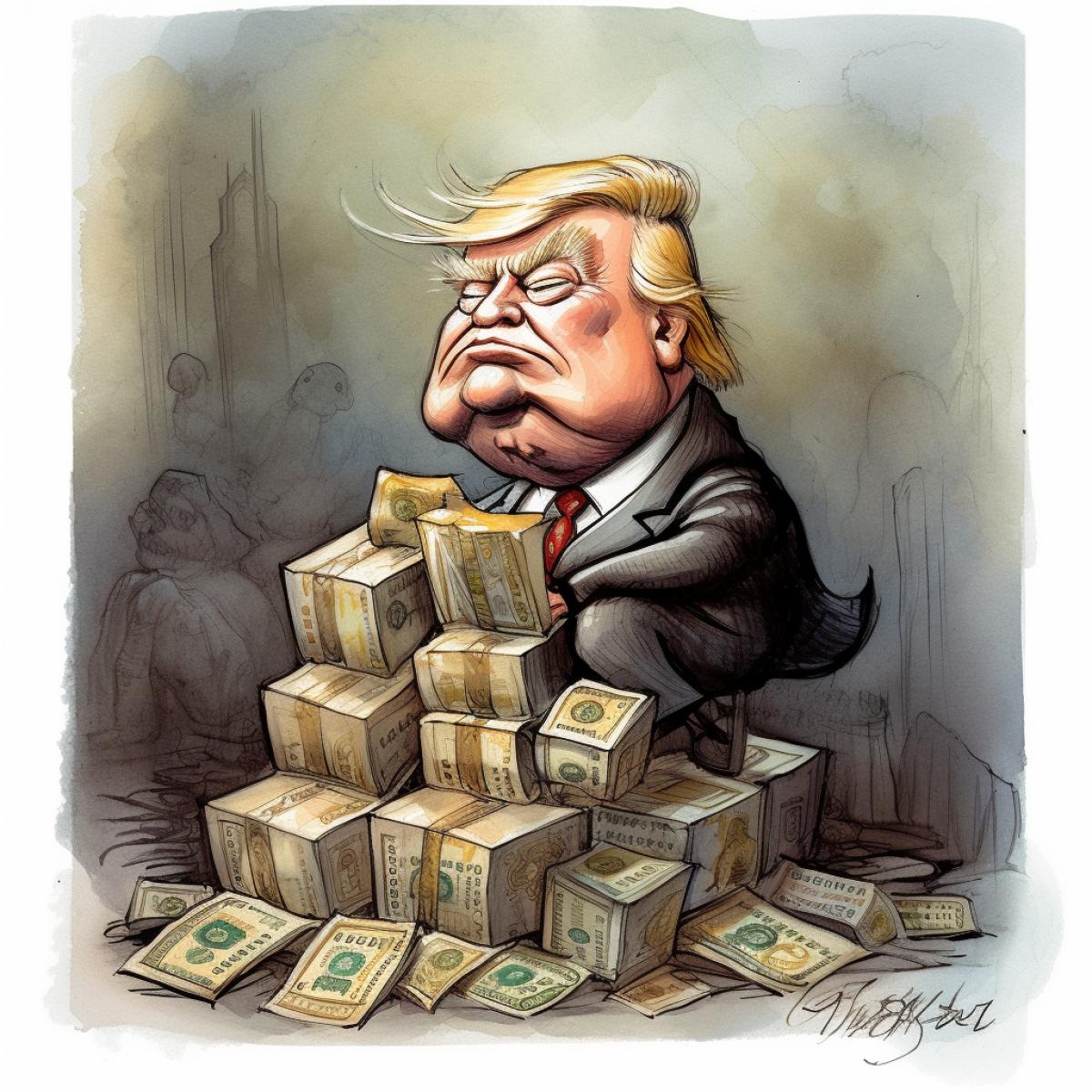 Donald Trump is sitting on money, cartoon, caricature, by Steve Sack