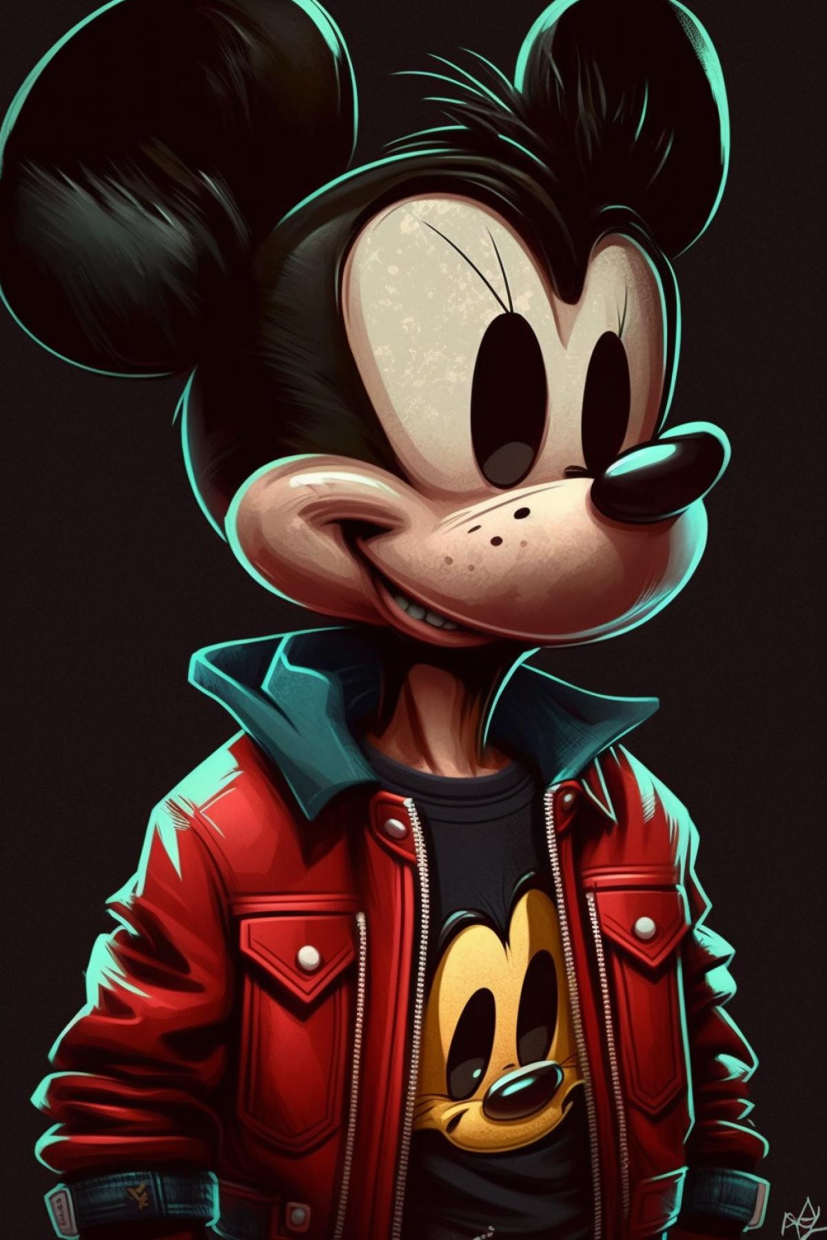 concept of a character from a series of illustrations of Mickey Mouse | in caricature style | dark | hyper-realistic, vibrant color schemes