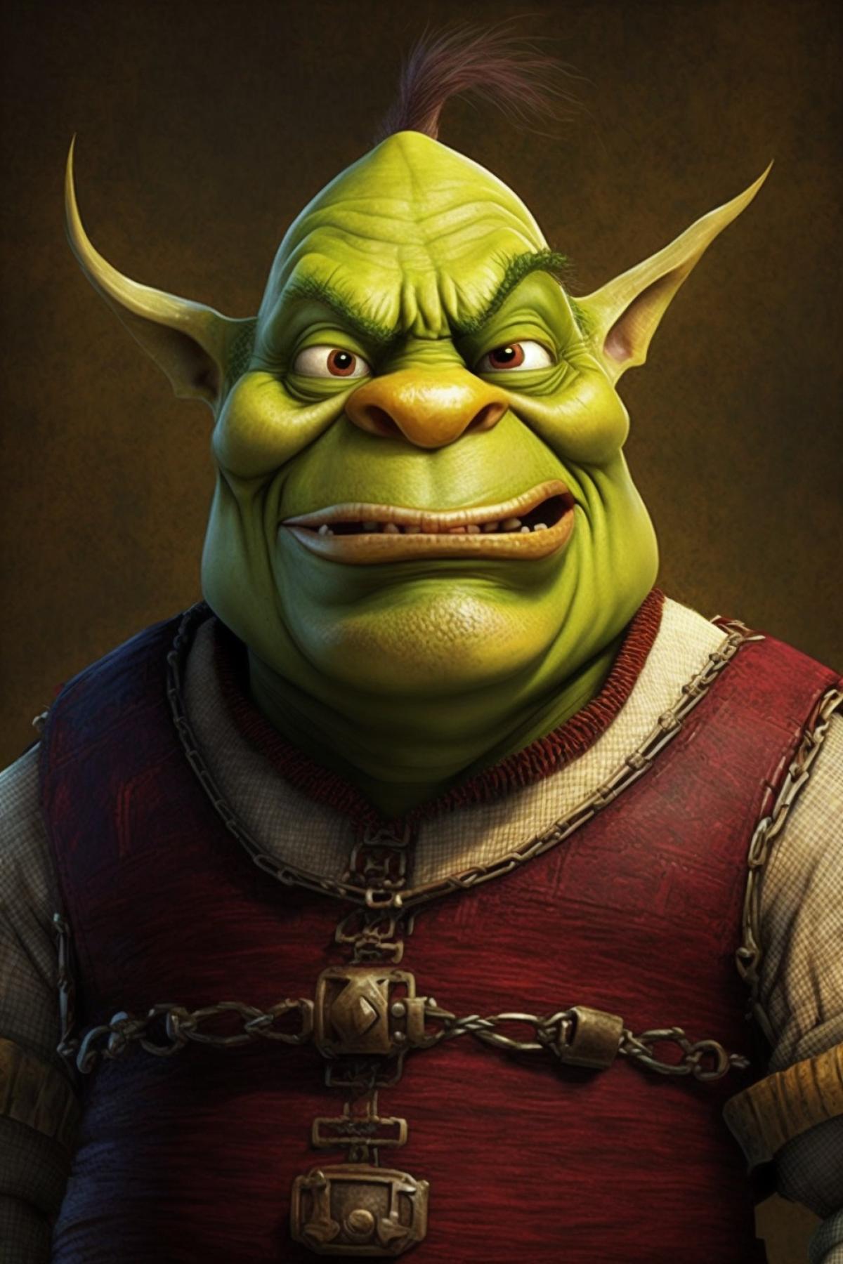 character concept from shrek illustration series | caricature style | hyper-realistic, vibrant color schemes