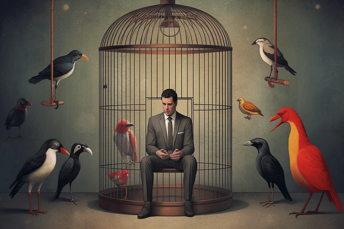 Satisfied animals look at a person sitting in a cage