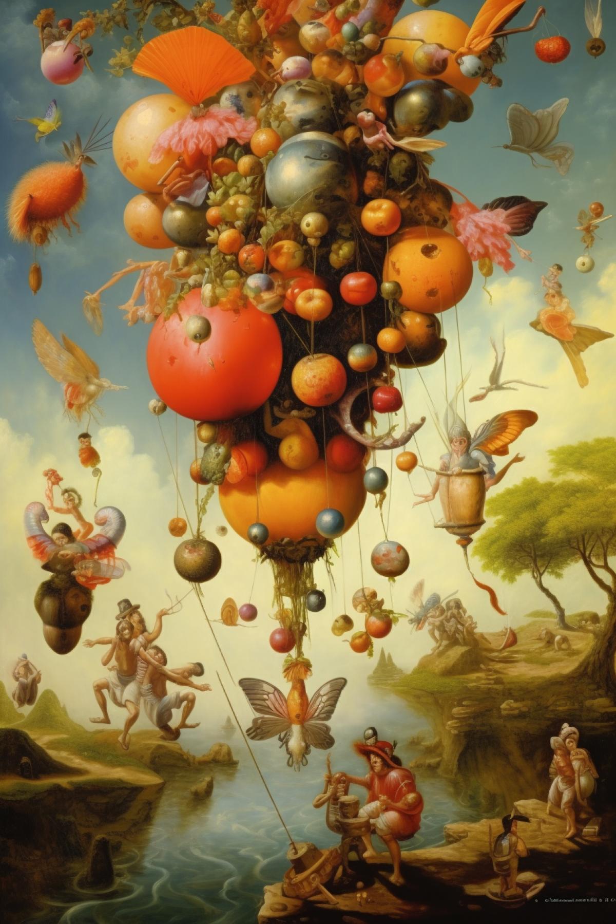 fantastic grotesque world in reverse, people walk upside down, backwards, objects fly in the air, food eats animals, predatory fruits, phantasmagoria