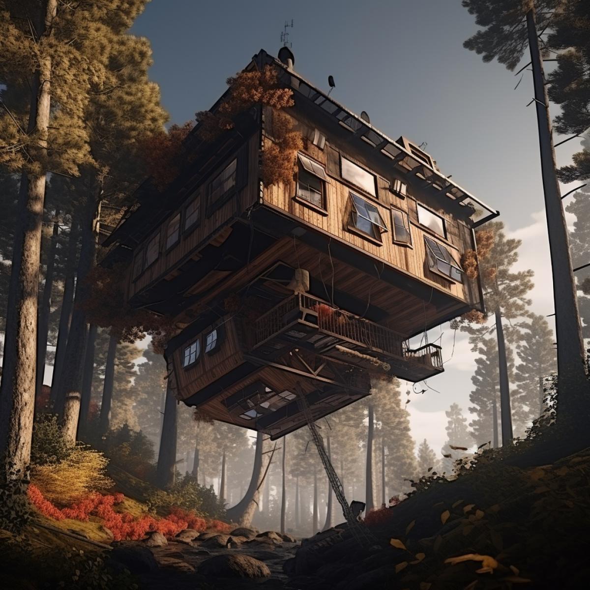 Upside down house in the forest, 8k