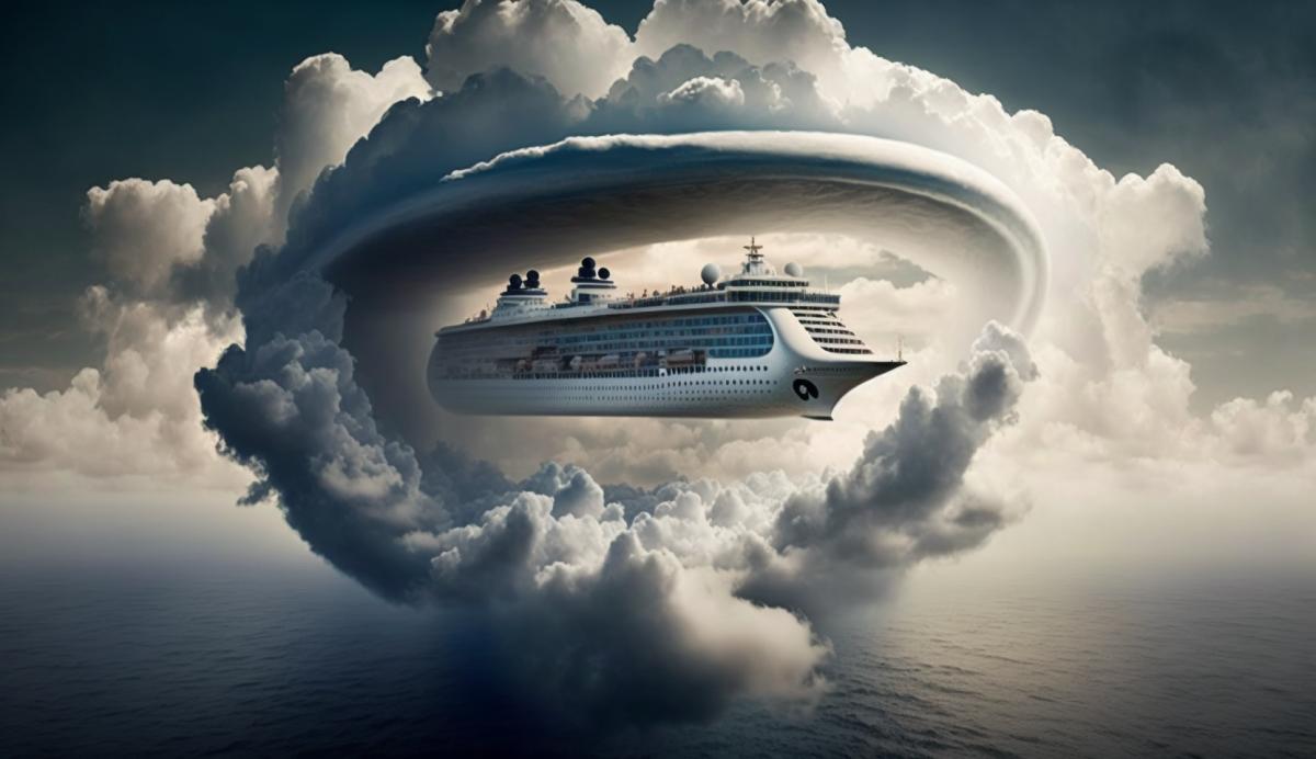 A cruise ship floats through the clouds in the stratosphere.