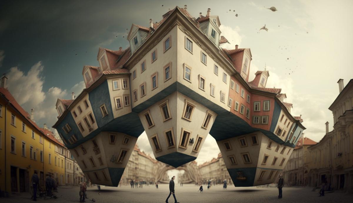 City square, people are all walking upside down, houses are upside down.