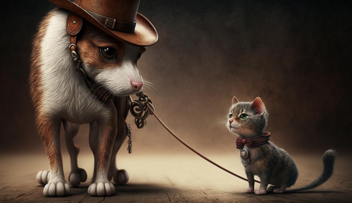 A horse-sized mouse walks a kitten on a leash like a dog. He holds a cane in one paw and a hat on his head.