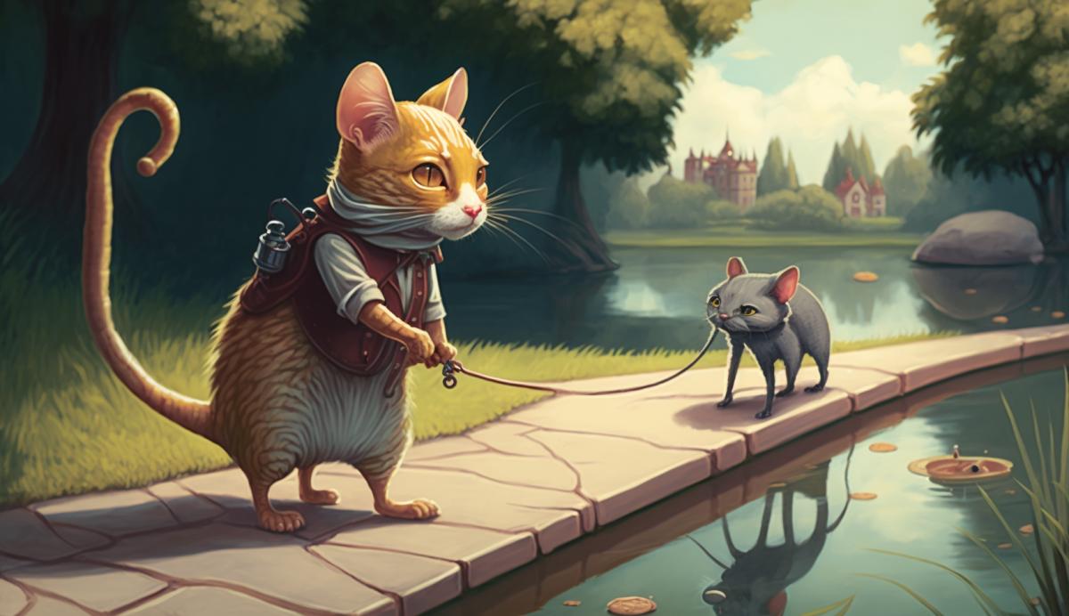 An anthropomorphic mouse walks a cat on a leash in a park along a pond.