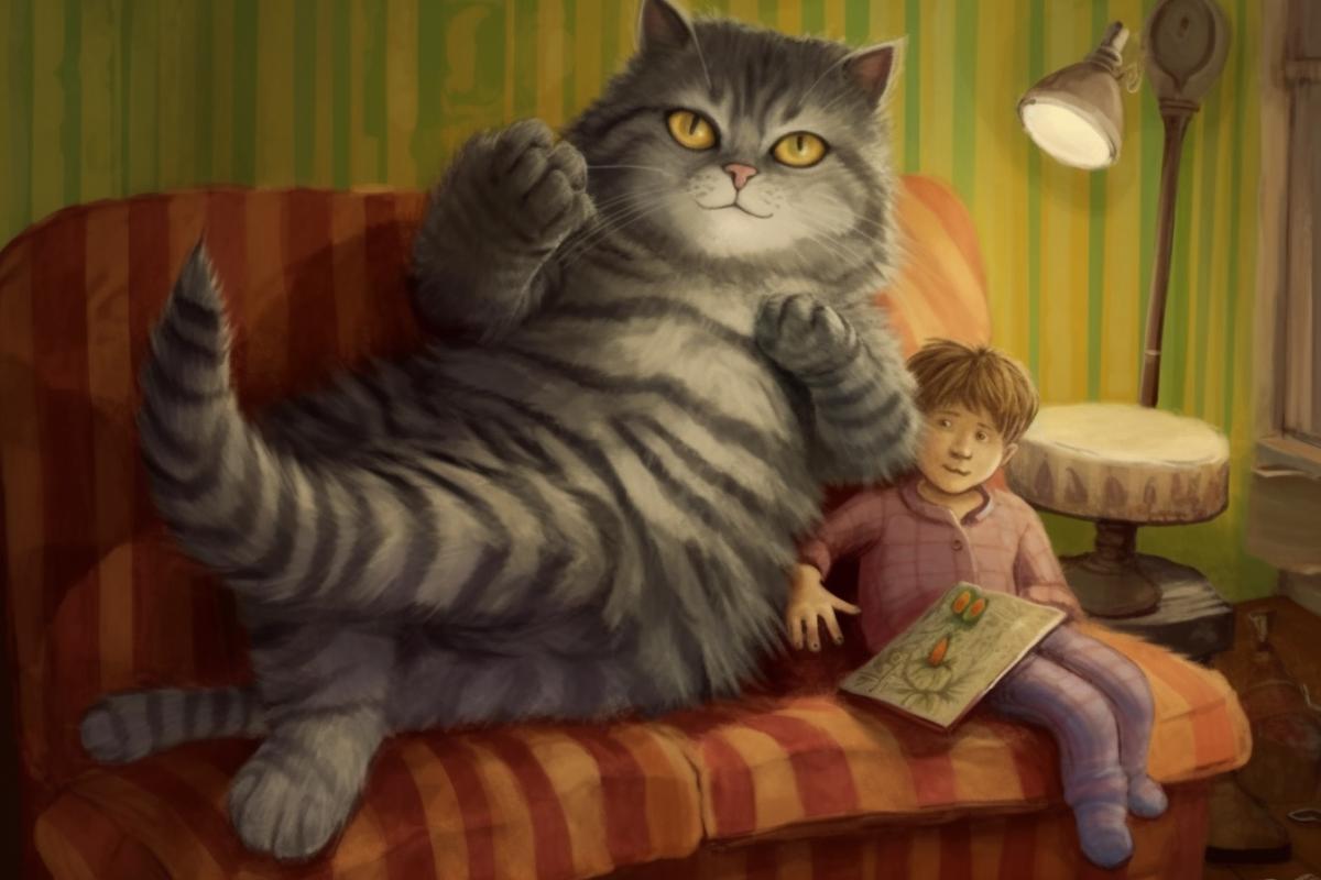 A giant cat sits in a humanization chair, with a small person lying on his lap