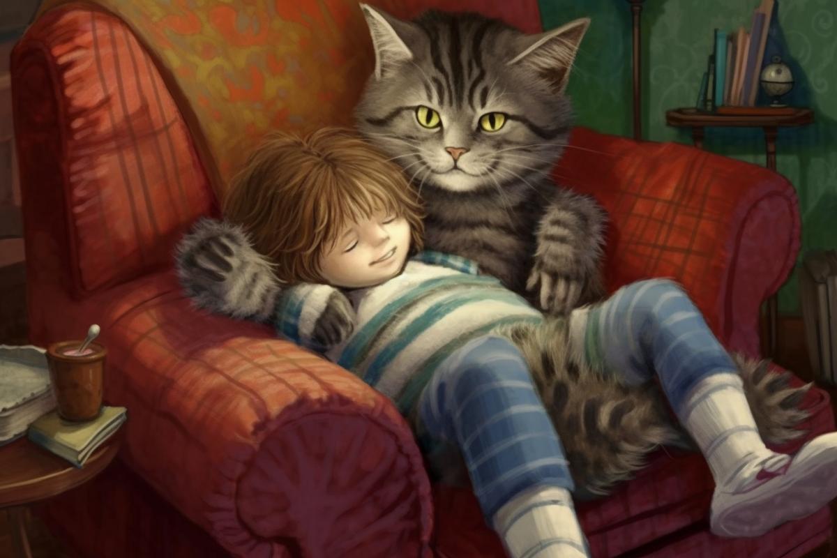 A giant cat sits in a humanization chair, with a small person lying on his lap