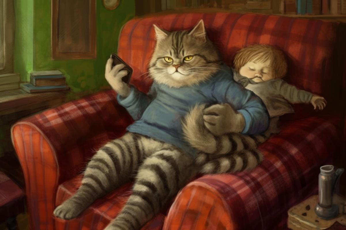 A giant cat sits in a humanization chair, with a small person lying on his lap