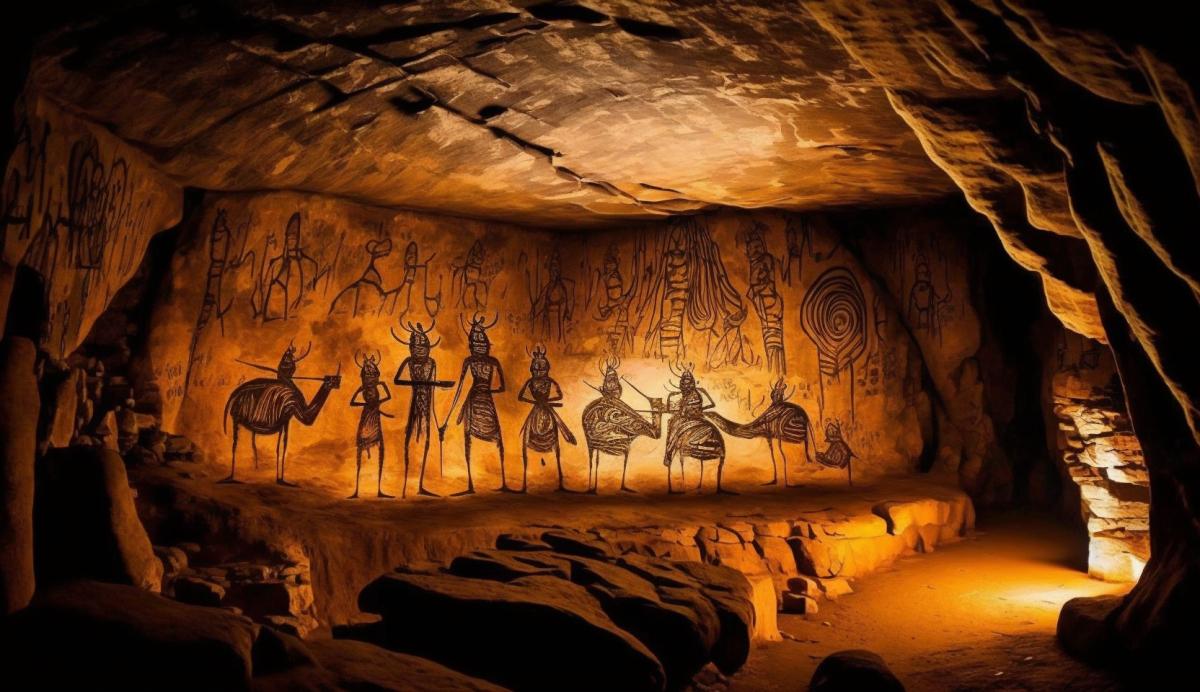 Rock paintings in a cave of primitive people