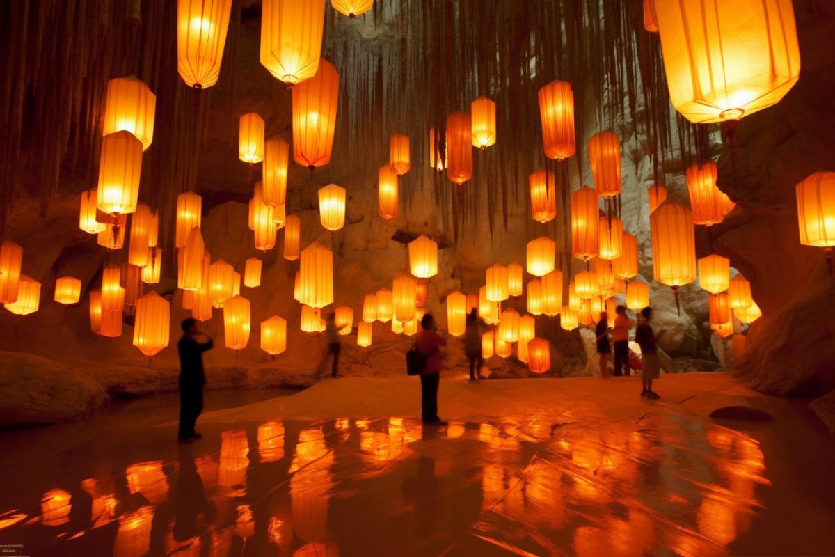 A dark, elegant cave decorated with Chinese lanterns
