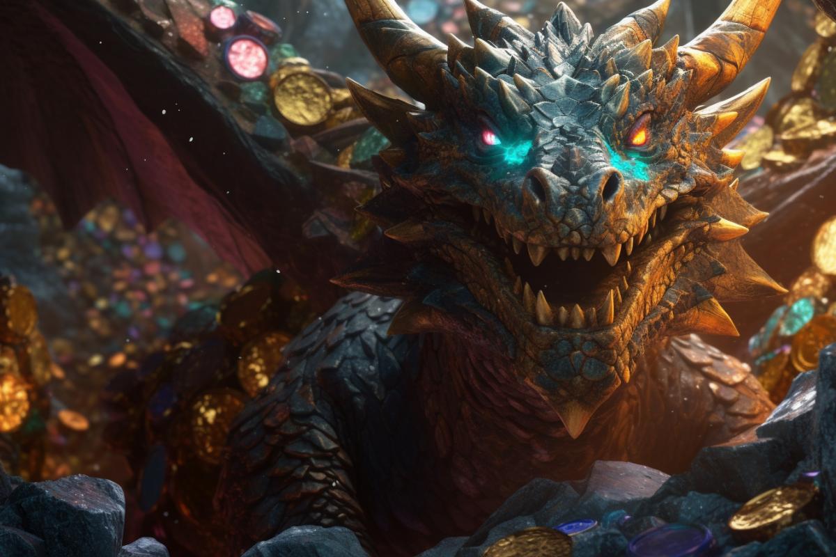 a giant anthracite dragon lying in an enormous cave full of gems, jewels, gold coins, silver coins, dragon eye sparkling, cave walls sparkling, fantasy lights, cinematic, hyperrealistic, hyperdetailed, general plan, 8k