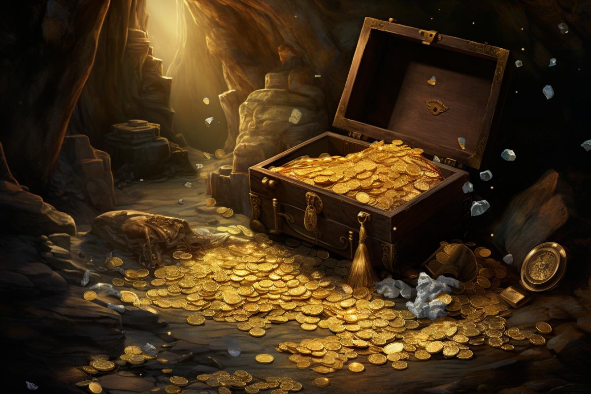 Treasures and coins in the cave glitter gold illustration
