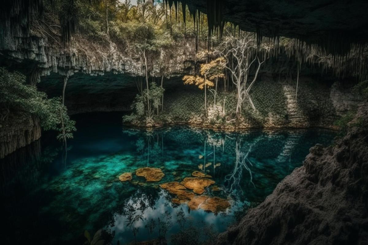 incredibly beautiful cenote with an underground lake, professional photography