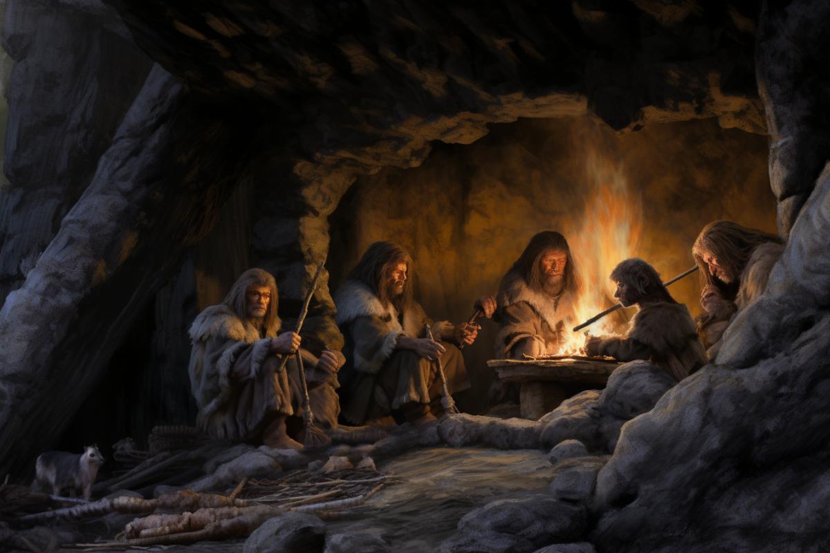 Neanderthals have lunch by the fire in a cave, photorealism