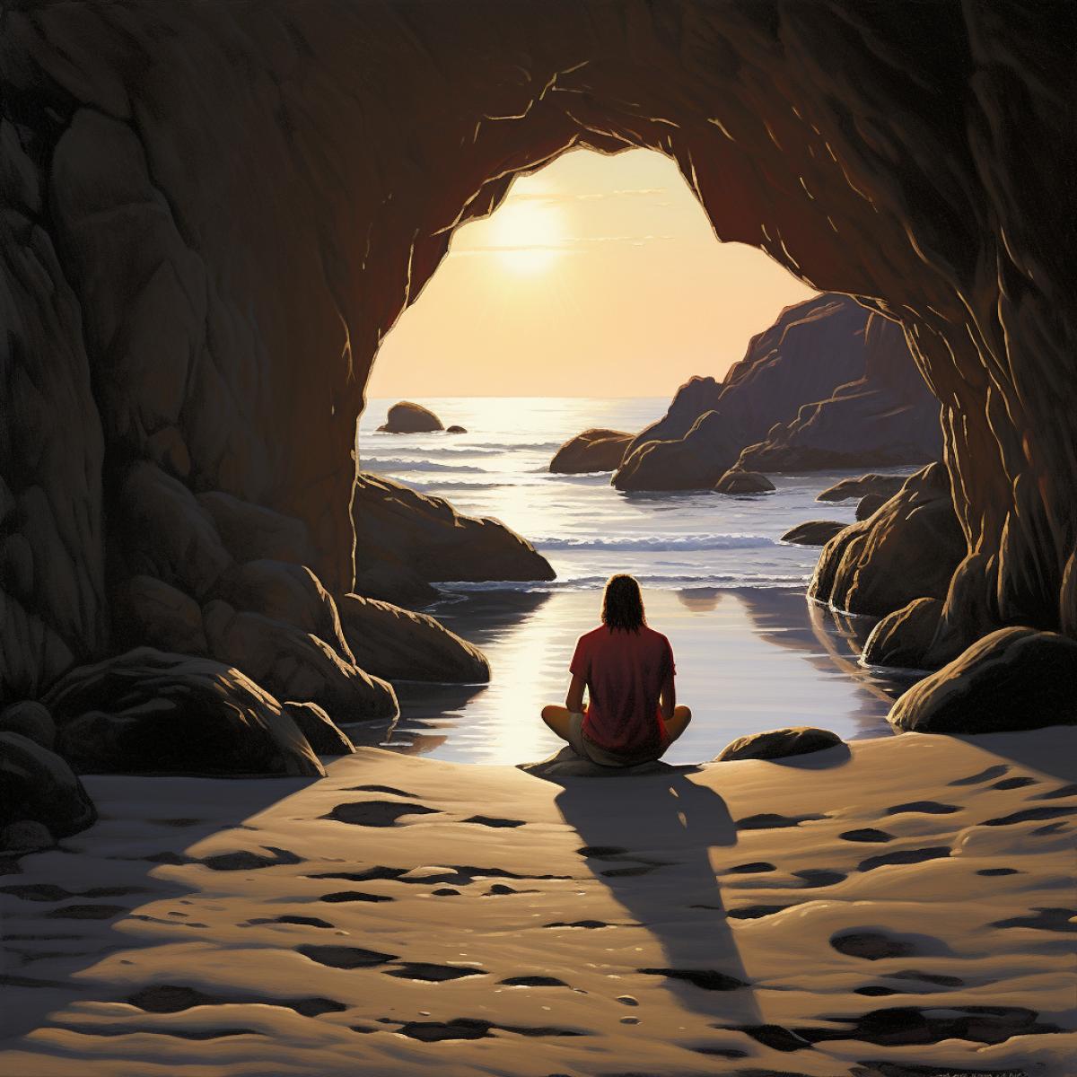 man sitting in a rock hole in a small cave at the beach, in the style of canon ef 135mm f/2l usm, native american, first nations, and alaska native art, alex colville, romantic scenery, elihu vedder, lens flares, hinchel or