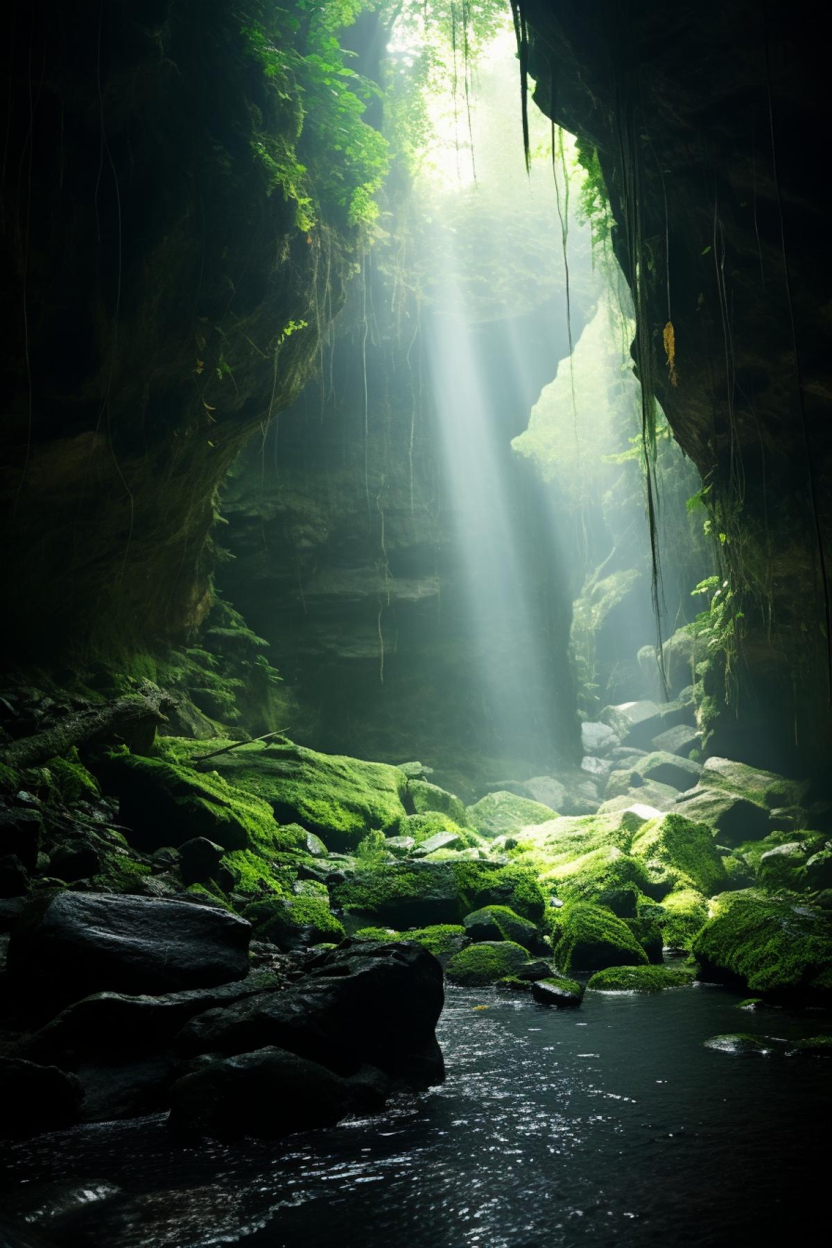 a light shines onto mossy and green water in the cave, in the style of matte photo, photo, indonesian art, mist, associated press photo, photo-realistic landscapes, luminous shadowing